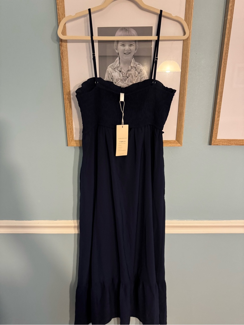 Women’s Navy Button-Front Maxi Dress with Smocked Bodice - Picture 5 of 5